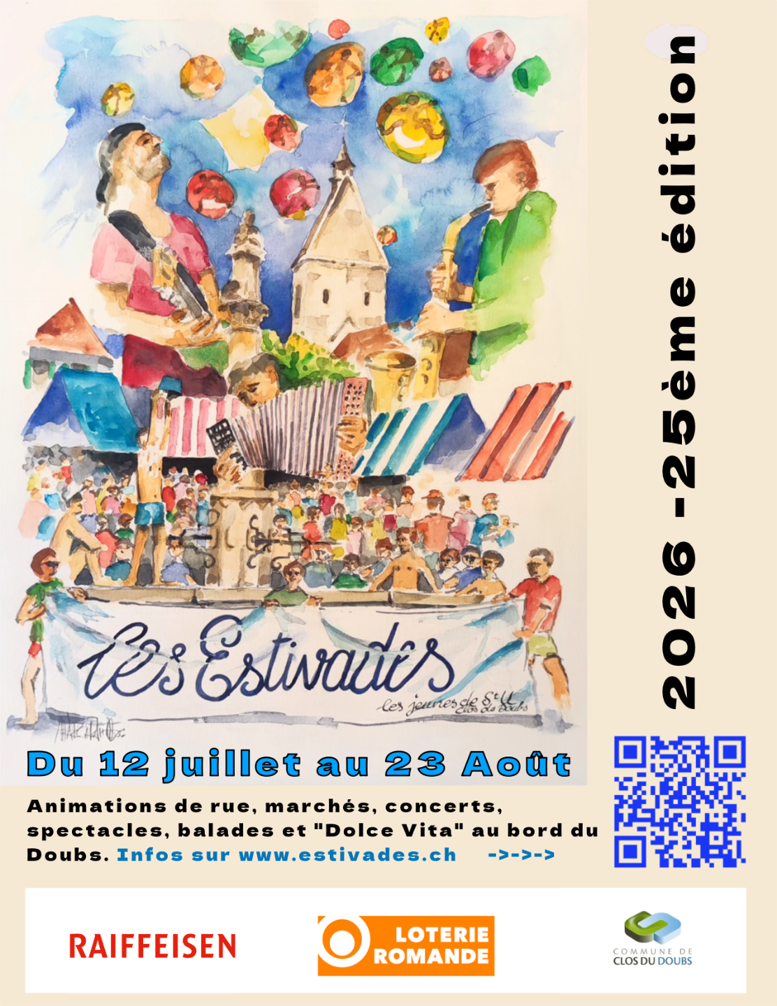 Illustration des Estivades montrant St-Ursanne, le marché et des artistes de rue